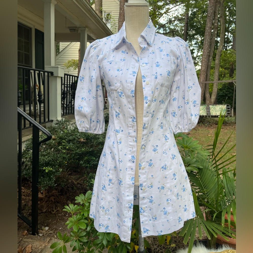 Petal + Pup Floral Cotton Button Shirtdress, 3/4 Sleeve, Size 2, EUC, White+Blue